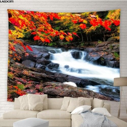 Waterfall Scenery Tapestry Lake Plant Leaf Autumn Natural Landscape Background Wall Hanging Cloth Living Room Bedroom Home Decor