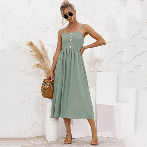 Summer Dress Women Spaghetti Strips Sleeveless Pure Color Long Dresses Sling Backless Button Dress For Women Vestido Femme Robes