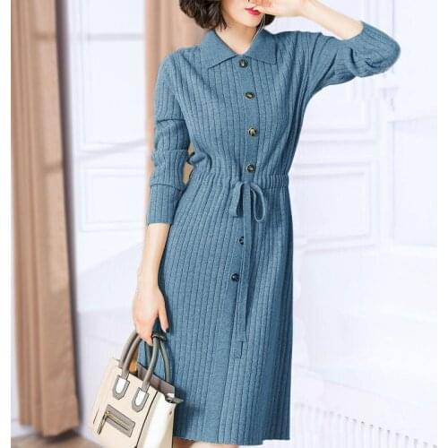Ladies Knitted Dress Female New Autumn Winter Mid-Length Lapel Solid Color Korean Style Button Long-Sleeved Waist Slim Dress