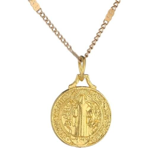Gold Color Catholic Saint Benedict Round Medal Pendant Necklaces Catholicism Trendy Jewelry Gifts