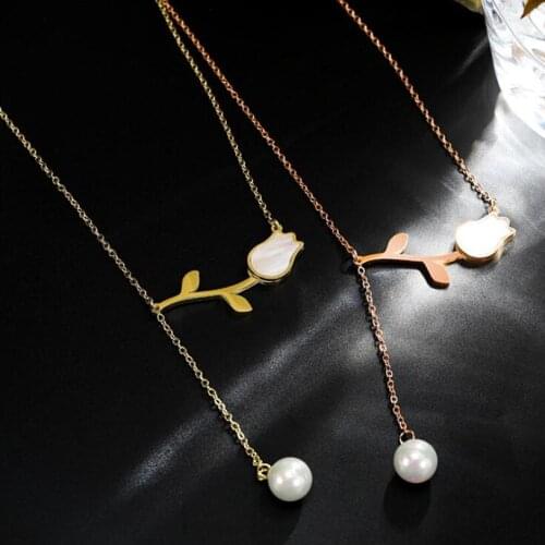 316L Stainless Steel Shell Pearl Tassel vintage Tulip Charms Chain Choker Pendant Necklace For Women Fashion Fine Jewelry Gift