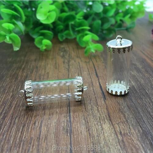 5sets/lot 28*12mm tube glass globe 3 style silver plated color cover button base set glass vail bottle dome necklace pendant