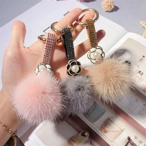 Luxury Handmade Real Mink Fur Keychain Full Rhinestone Leather Strap Fluffy Pompom Key Chain Bag Pendant Charm Car Keyring Gift