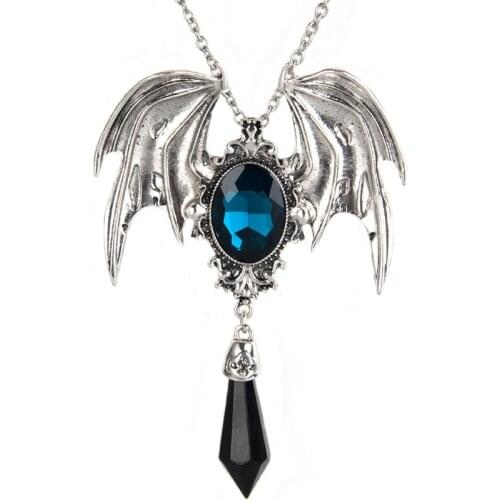 Neo Gothic Victorian Silver Color Wings Big Red Crystal Chain Necklace For Women Men Fashion Vintage Pattern Bat Wings Jewelry