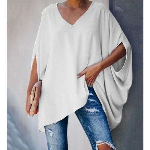 Womens Long Sleeve V-Neck Ladies Oversized Jumper Pullover Tops Solid Color Long Loose T-Shirt Plus Size Summer Ladies Clothing