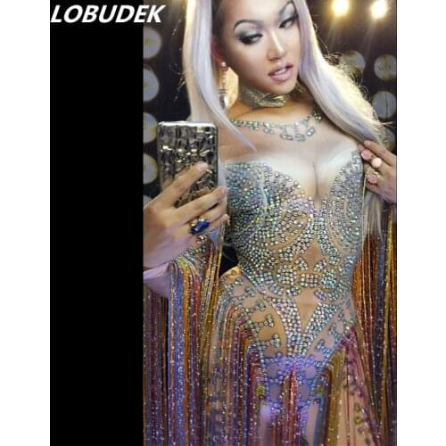 Elastic Women Tights Sparkly Rhinestones Colorful Tassels Jumpsuit Crystals Bodysuit Sexy DJ Dance Wear Bar Nightclub Costume