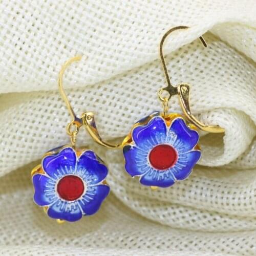 Hot sale Bohemia style new design gold-color carved flower shape 15mm cloisonne drop earrings elegant dangle earring B2644