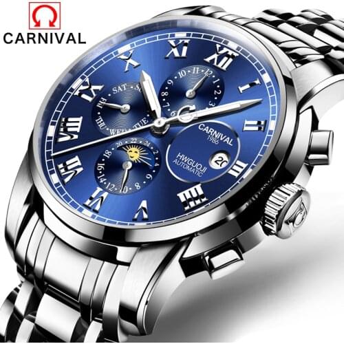 CARNIVAL Mechanical Watch Mens Multifunction Moon Phase Calendar Week Month Waterproof Automatic Watches Relogio Masculino 8008G
