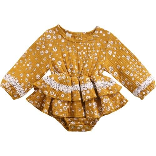 0-3Years Toddler Baby Girl Autumn Bodysuit Long Sleeve O-Neck Jumpsuit Patchwork Daisy Printed Dress Fashion Clothes