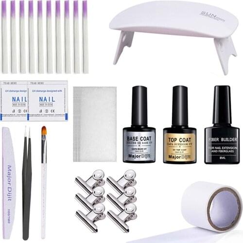 Fiberglass Nail Kit Nail Art Extension Gel Equipment Fibernails Building UV Lamp Tool Top&Base Coat Tweezers Brush Nail File Set