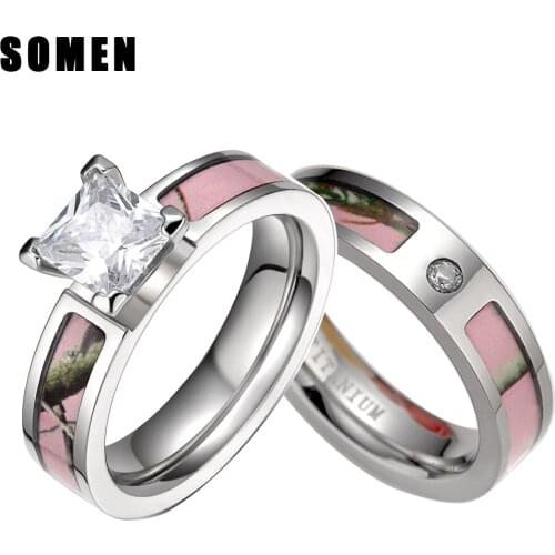 2Pcs Pink Tree Camo Inlay Titanium Couple Ring Set Women Cubic Zirconia Wedding Band Men Engagement Ring Jewelry Lover alliance