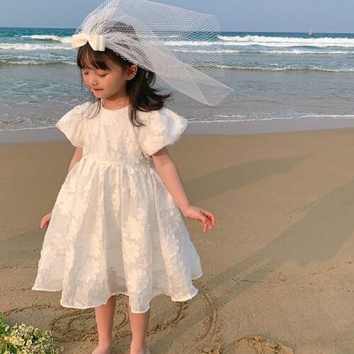 Summer Girls Dresses Fancy Floral Princess Party Dress Casual Puss Sleeves Kids Flower Girls White Wedding Evening Party Dress