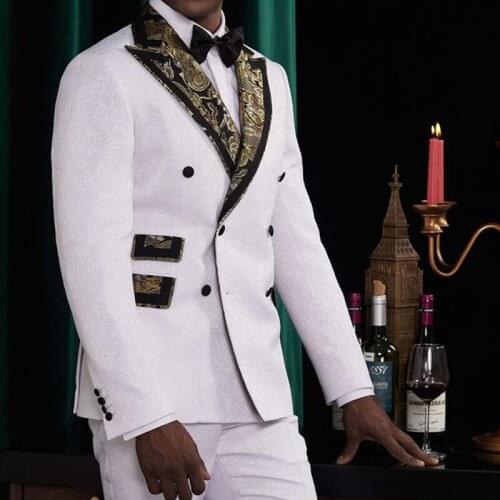 White Floral Jacquard Men Suits with Double Breasted 2 Piece Jacket Pants Wedding Groom Tuxedo Male Fashion Costume