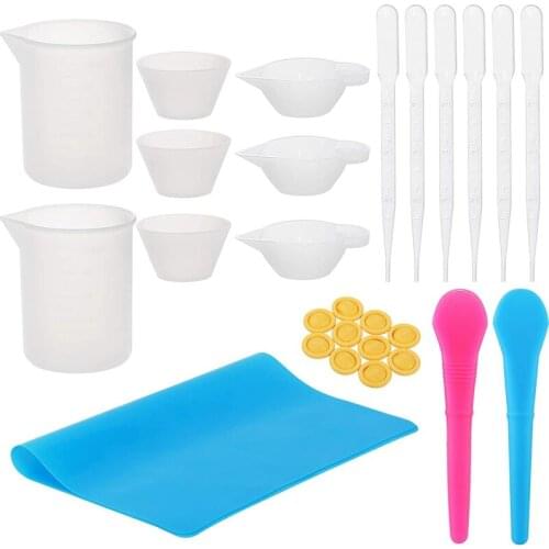 Resin Mixing Cups Kit with 100Ml Silicone Measuring Cups, Spoons, Dropping Pipettes, Finger Cots, Silicone Mat DIY