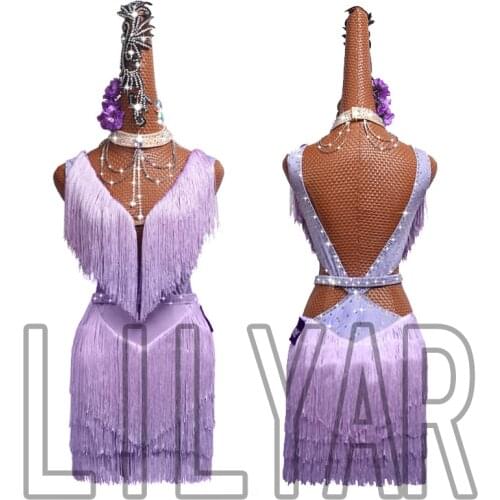 New Latin dance skirt competition skirt performance Skirt Adult custom childrens purple tassel backless dance skirt