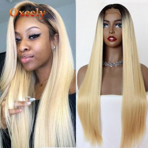 Oxeely Long Straight 613 Hair Synthetic Lace Front Wig Clueless Ombre Lace Wigs for Women Heat Resistant Fiber