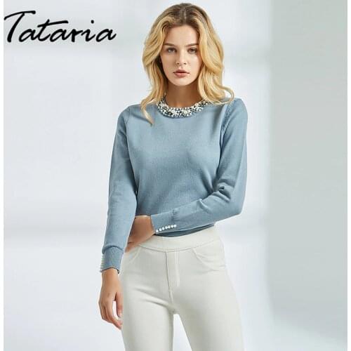 Tataria Long Sleeve Pullover for Women Pearl Beaded Sweater Jumpers Women Sweater with Pearls Knitting Female Solid Slim Sweater