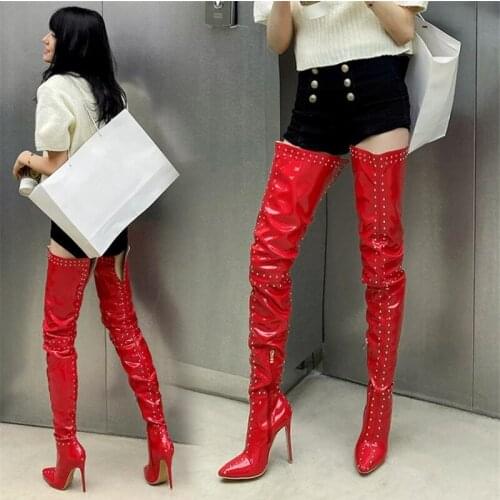 PXELENA Large Size 34-45 Thigh High Boots Heels Stiletto PU Leather Rivet Over The Knee Boots Party Pole Dance Night Club Shoes