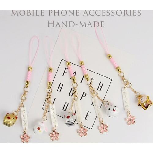 Korean Smart phone Strap Lanyards for iPhone Samsung Cute Luxury Cherry Animal Bell Decor Mobile Phone Strap Rope Phone Charm