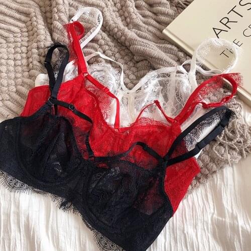 Sexy ultra-thin eyelashes lingerie panties lace perspective steel ring big breasts underwear set breathable strappy bralette