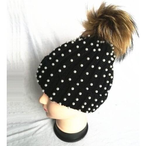 NEW Winter Womens Nature Raccoon Fur Pom Pom Knitted Beanies Pearl Skullies hats Girls Real Fur Knit Caps Bonnet Hat