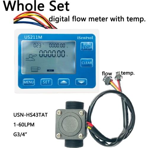US211M Flow Meter Totalizer Flow Measurement with Flow Sensor USN-HS43TAT with Temperature Sensor NO power supply