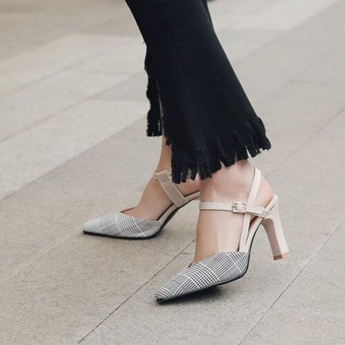 YMECHIC Summer 2019 Sexy Heels Plaid Yellow Green Beige Mary Jane Slingbacks Women High Heel Office Ladies Shoes Plus Size