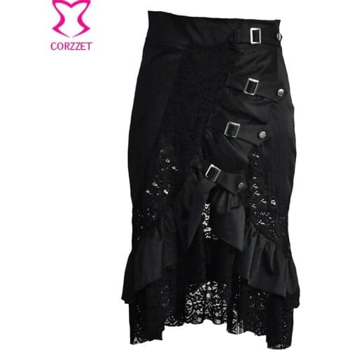 Burlesque Black Ruffle and Lace Victorian Mid Skirt with Front Buckle Detail Gothic Skirts Women Steampunk Corset Matching Skirt