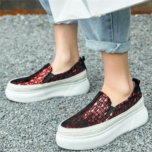 Fashion Sneakers Women Genuine Leather Wedges High Heel Pumps Shoes Female Slip On Round Toe Walking Loafers Casual Travel Shoes