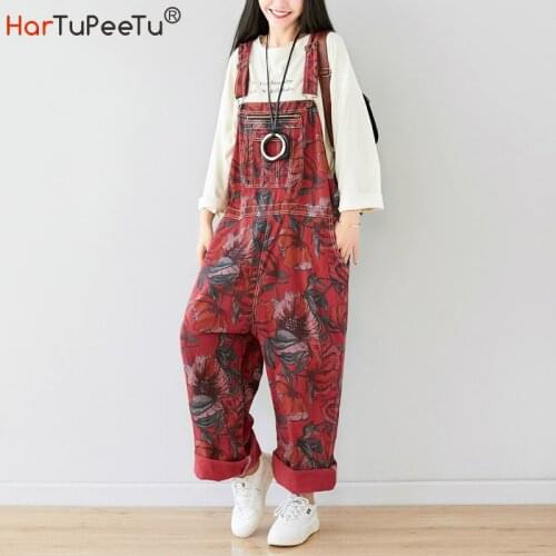 Denim Jumpsuit Women Plus Size Loose Casual Baggy Wide Leg Jeans Pants with Adjustable Straps Full Length Print Pockets Overalls