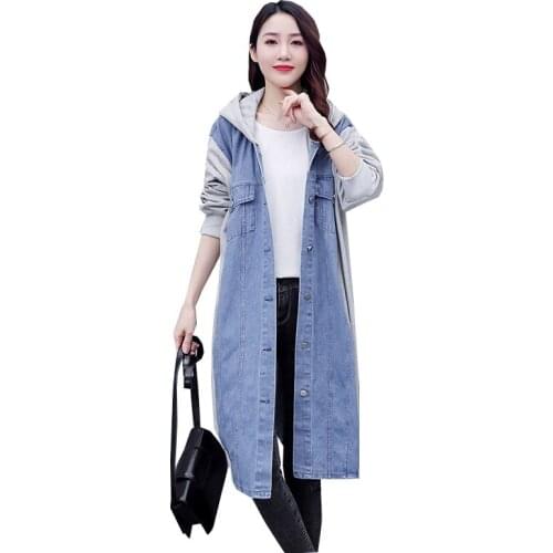 Hooded Stitching Denim Overcoat Womens Spring Autumn Trench jeans Coats 2021 Loose Single-Breasted Casual Lady Windbreaker Coat