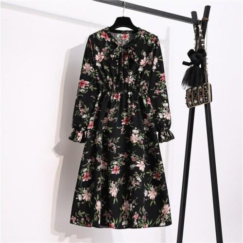 Autumn Winter Ladies Chiffon High Elastic Waist Dress Women Bow Aline Full Sleeve Flower Print Floral Party Dress Female Vestido