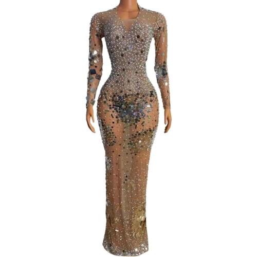 Sparkly Pearl Rhinestones Sequins Long Dress Women Stage wear SexyTransparent performance Costume Evening Gown Prom Party Outfit