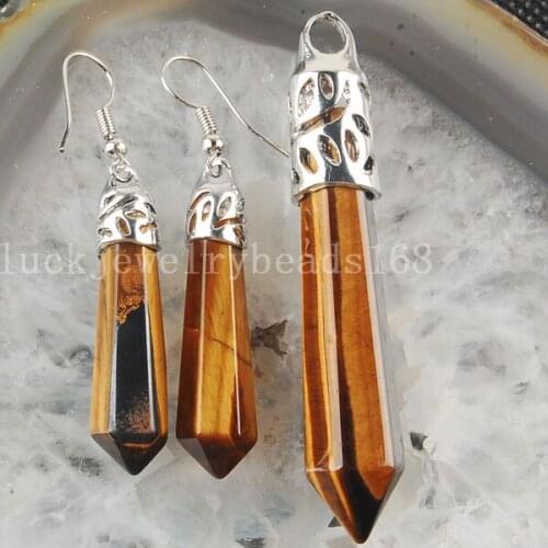 Free Shipping Women Fashion Jewelry Tigers Eye Hexagonal Pointed Reiki Chakra Pendant Earring Set C3146