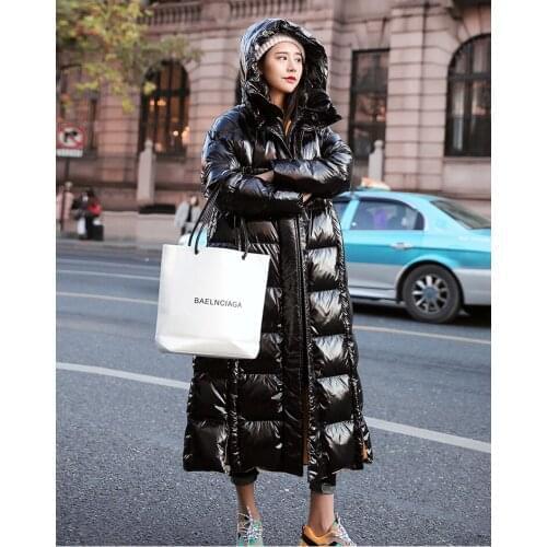 Glossy Cotton Coat Women Hooded Long Down Cotton Jacket Winter Thick Parka Fashion Windproof Overcoat Femme Outer