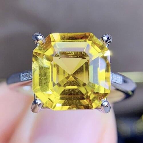 Natural real yellow citrine square big ring Free shipping 10*10mm 4.2ct gemstone 925 sterling silver Fine jewelry J215274