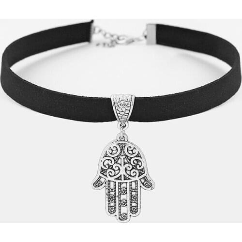 1pcs Fashion Black 10mm Flat Faux Suede Chokers for Women Girl Silver Color Hamsa Hand Charms 13" Necklaces Jewelry Gift