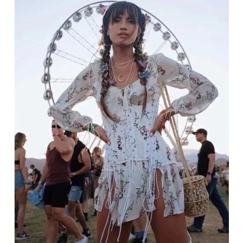 European station summer new V-neck tie waist seal drawstring long-sleeved dress ins French very fairy chiffon print skirt