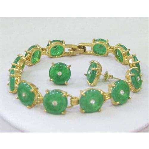 2pcs Gold Color Natural Vintage Green Red Black Stone Beads Bracelet Earrings Set Luxurious Jewelry Oval Shape Ethnic Accessory