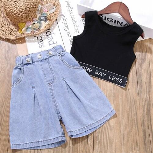 Summer Fashion Kid Baby Girls Clothes Sets Sleeveless Letter Printed Tops Denim Shorts 2PCS Outfit Sets 3-8Y