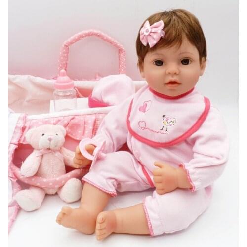 Bebe reborn Doll 17"41cm silicone reborn babies for child xmas gift with pink sleeping basket set bonecas reborn toys