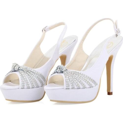 Summer flowers pearl satin white stiletto high heel bridal wedding shoes rhinestone banquet dress large size female sandals