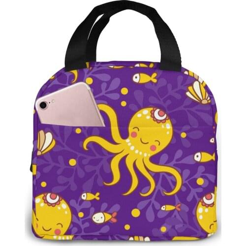 Cartoon Marine Octopus Pattern Cooler Bag Portable Zipper Thermal Lunch Bag Convenient Lunch Box Tote Food Bag