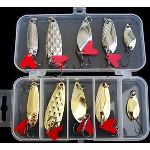 10PCS/Set Lure Metal Spinner Lure Spoon Set Gold Fishing Spinner Lure Sequins with Box Treble Hooks Fishing Tackle Hard Bait