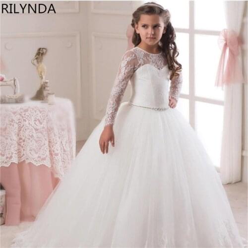 Cheap White Flower Girls Dresses For Wedding Gowns Cap Sleeve Lace Sash Bow Girl Birthday Party Dress Zipper Tulle Pageant Dress