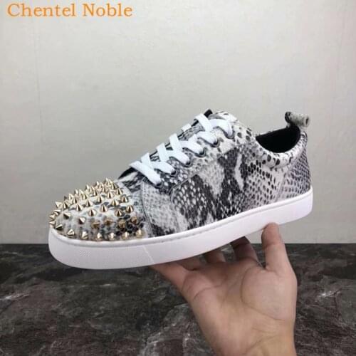 Newest Chentel Manual Snake Pattern Casual Men Flats Sole Sneaker Spikes Lace-Up Mixed Color Low Top Vulcanized Shoes Big Size