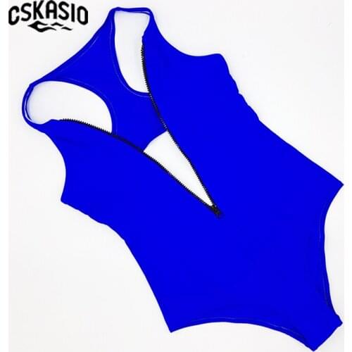 New Halter One Piece Swimsuit Bandage Swimwear Women Cut Out Monokini Sexy Push Up Zipper Padded Beach Wear Bathing Suits Blue