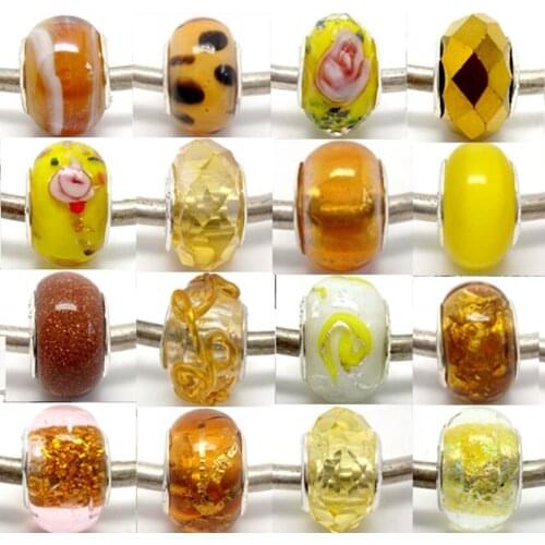 Wholesale 100pcs Mixed Style Yellow and Gold European Murano Lampwork Glass Beads Fit Charm Bracelet and Necklace LGB73-4