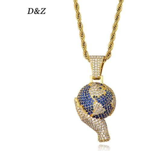 D&Z World In Your Hands Pendant Necklace Iced Out Cubic Zircon Stones Gold Silver Color Hip Hop Charm Necklace Jewelry Gift