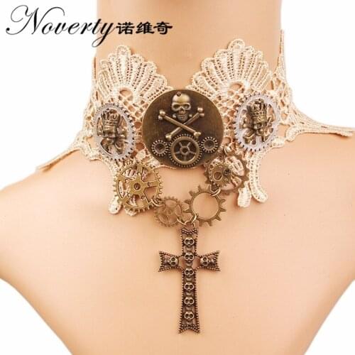 Retro Gothic Punk Mechanical Gears Cross Pendant Lace Choker Necklace Womens Fashion Jewelry Halloween Gifts FY-145